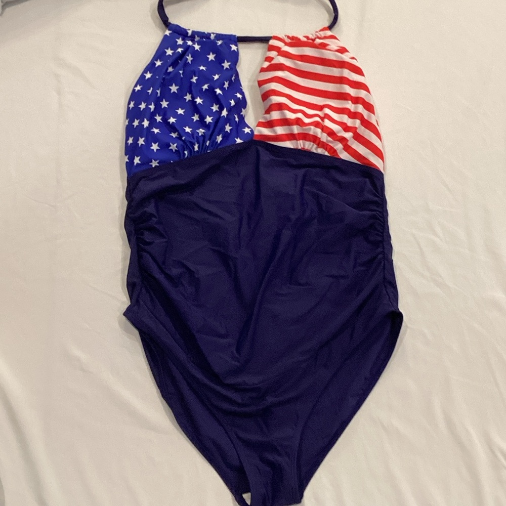 Patriotic Halter One-Piece Swimsuit - Navy/Red/White